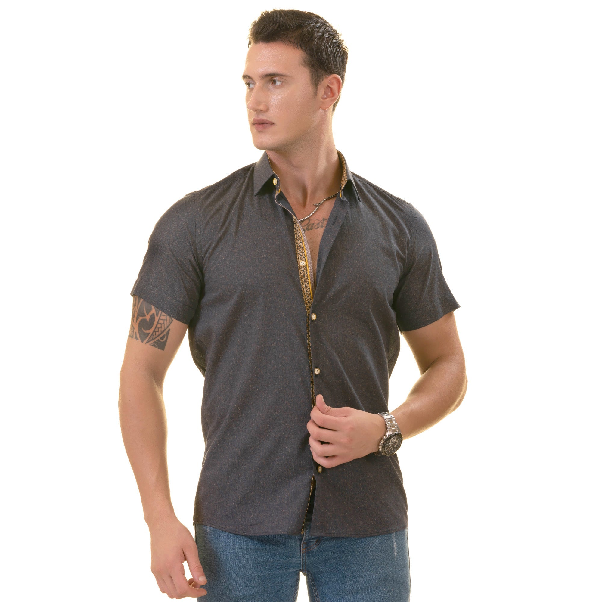 Navy Mustard Designer Paisley  Short Sleeve Button up Shirts - - Horizon Bliss