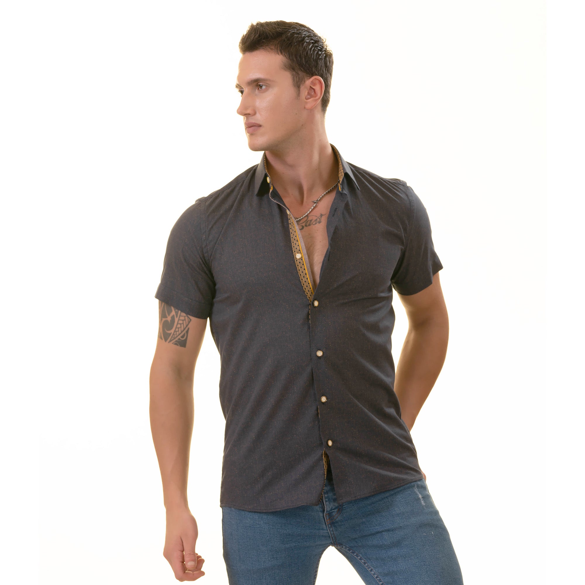 Navy Mustard Designer Paisley  Short Sleeve Button up Shirts - - Horizon Bliss