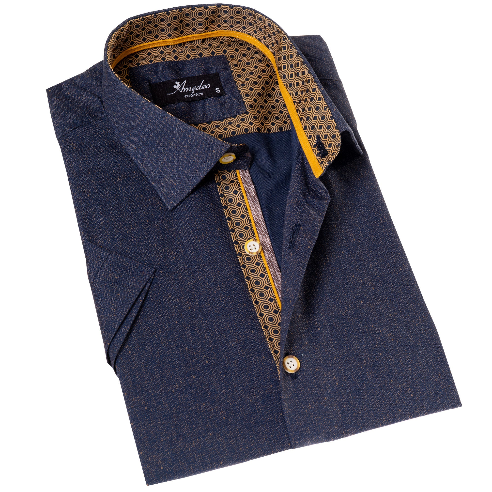 Navy Mustard Designer Paisley  Short Sleeve Button up Shirts - - Horizon Bliss