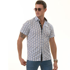 Blue and Navy Leaves Paisley  Short Sleeve Button up Shirts - Tailored - Horizon Bliss