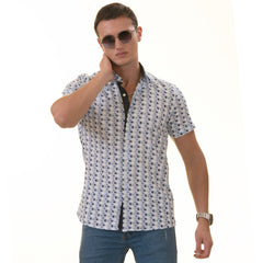 Blue and Navy Leaves Paisley  Short Sleeve Button up Shirts - Tailored - Horizon Bliss