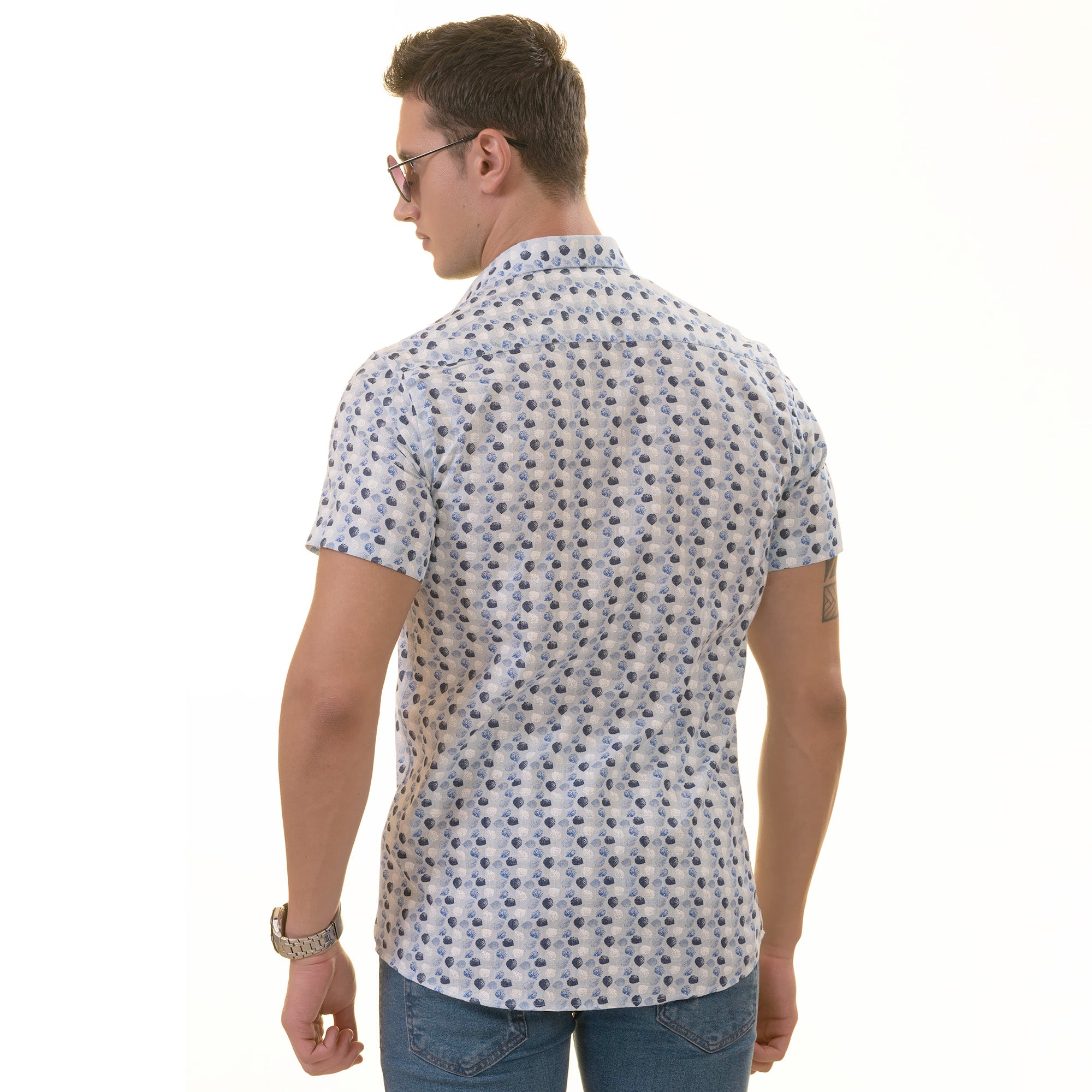 Blue and Navy Leaves Paisley  Short Sleeve Button up Shirts - Tailored - Horizon Bliss