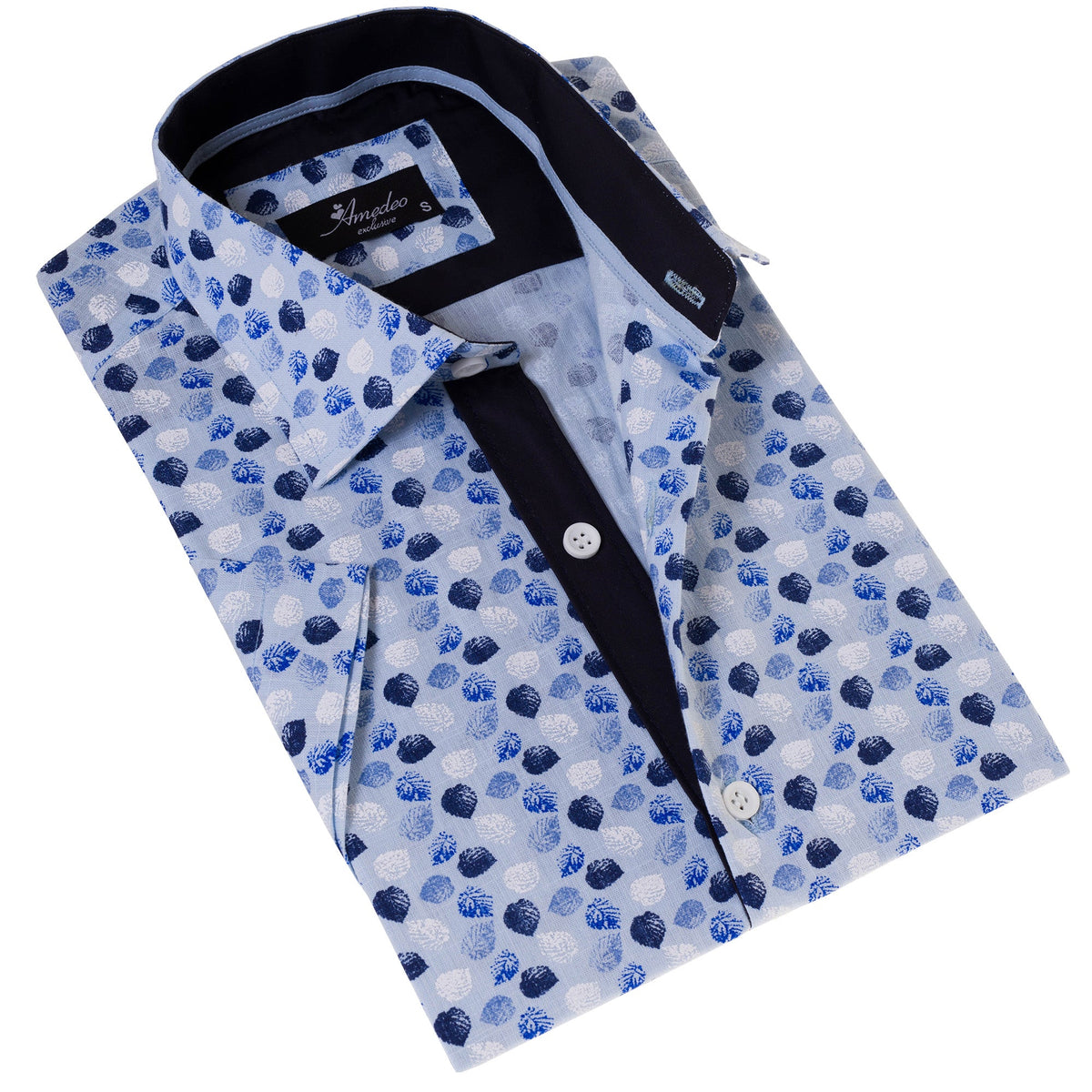 Blue and Navy Leaves Paisley  Short Sleeve Button up Shirts - Tailored - Horizon Bliss