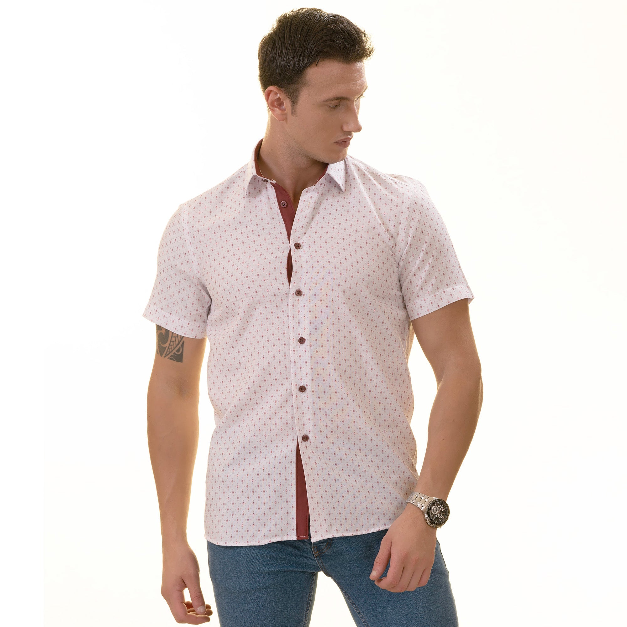 White Printed Shirt | White with Burgany Printed Paisley  Short Sleeve - Horizon Bliss