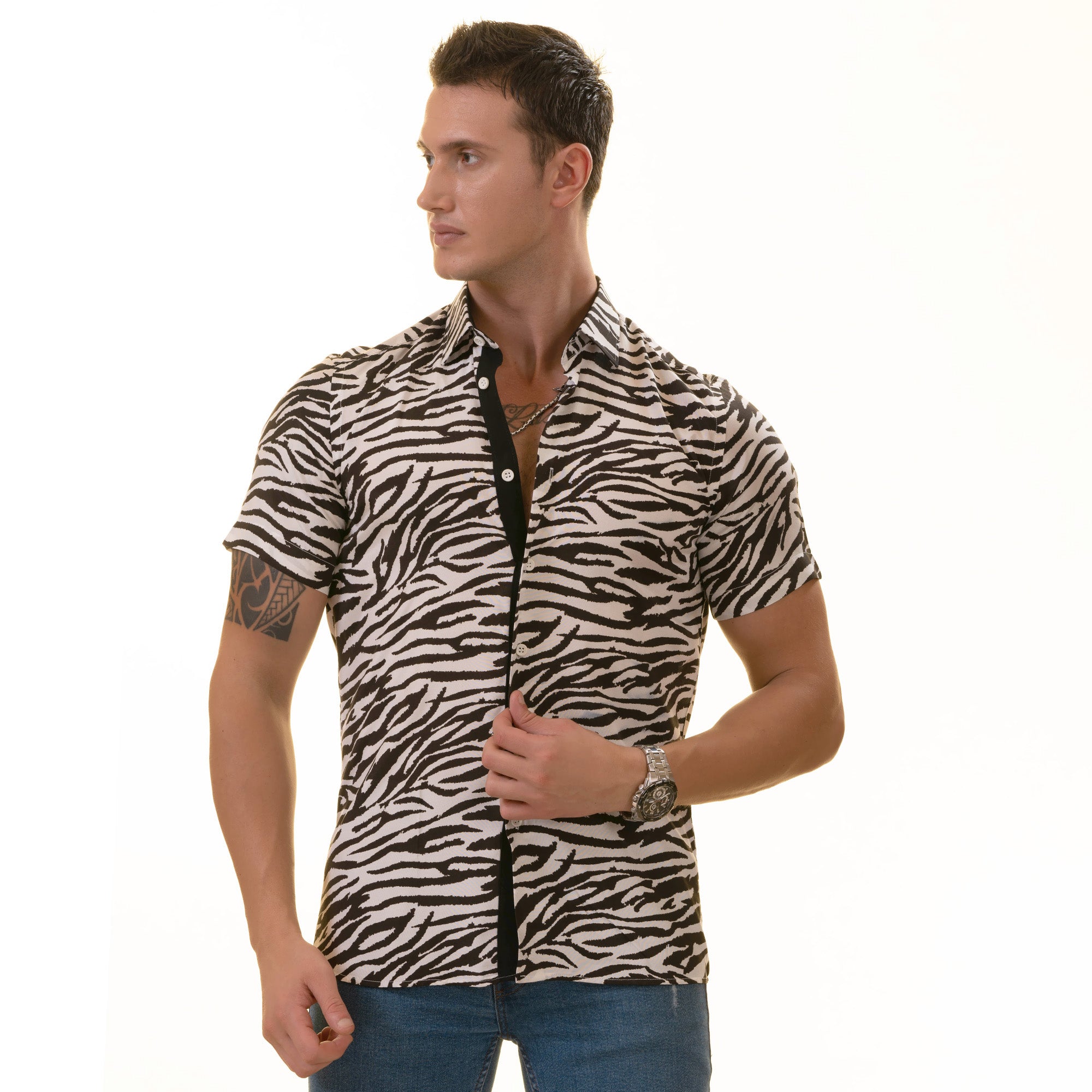 Black & White Zebra Shirt  Designer Paisley  Short Sleeve Button up - Horizon Bliss