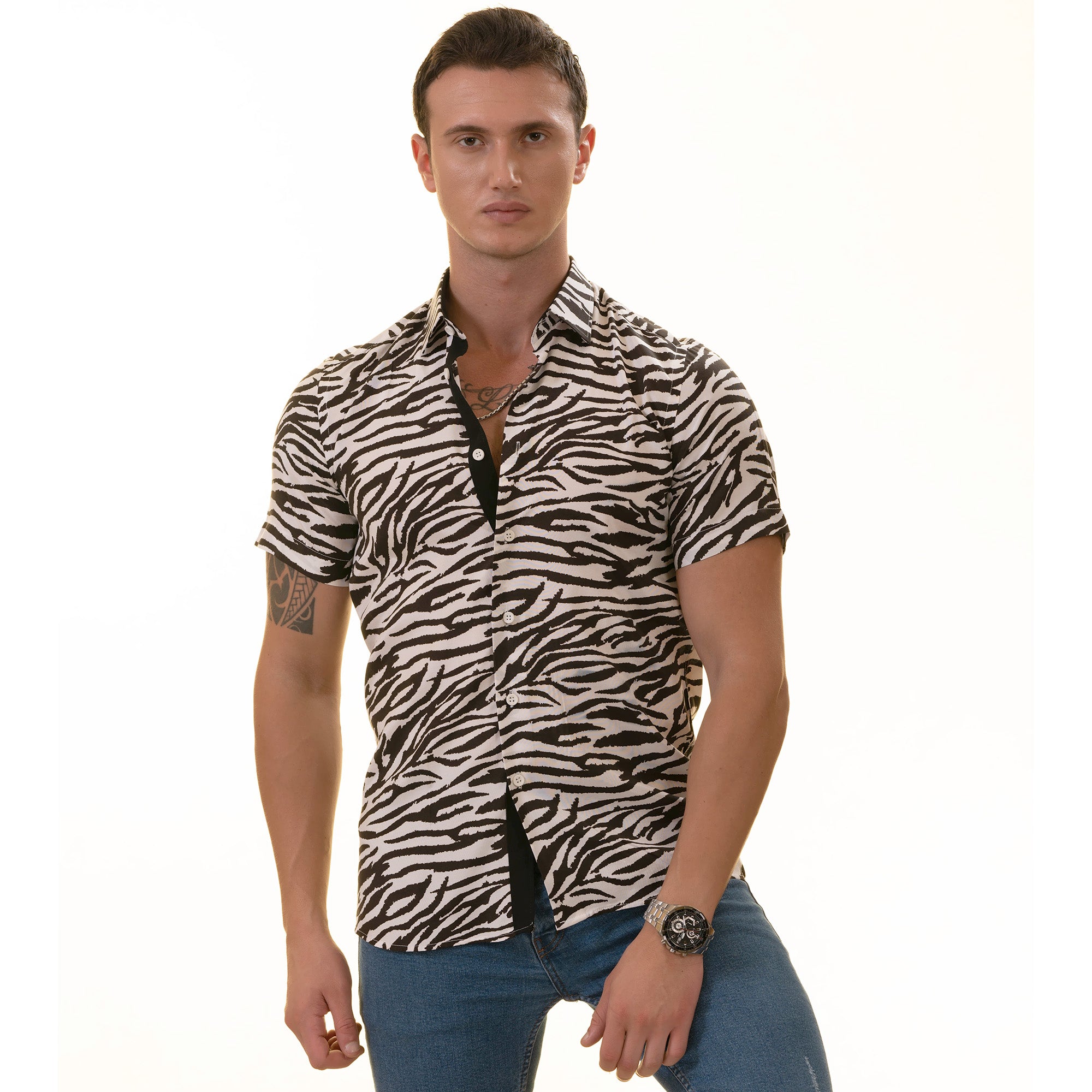 Black & White Zebra Shirt  Designer Paisley  Short Sleeve Button up - Horizon Bliss