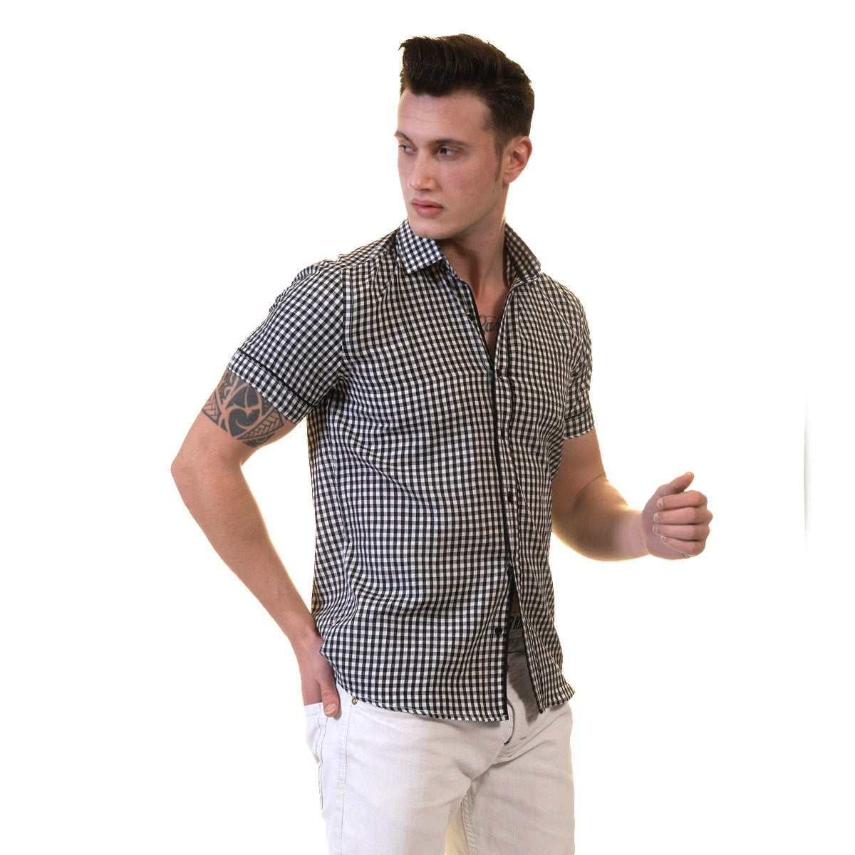 Black and White Mens Short Sleeve Button up Shirts - Tailored Slim Fit - Horizon Bliss