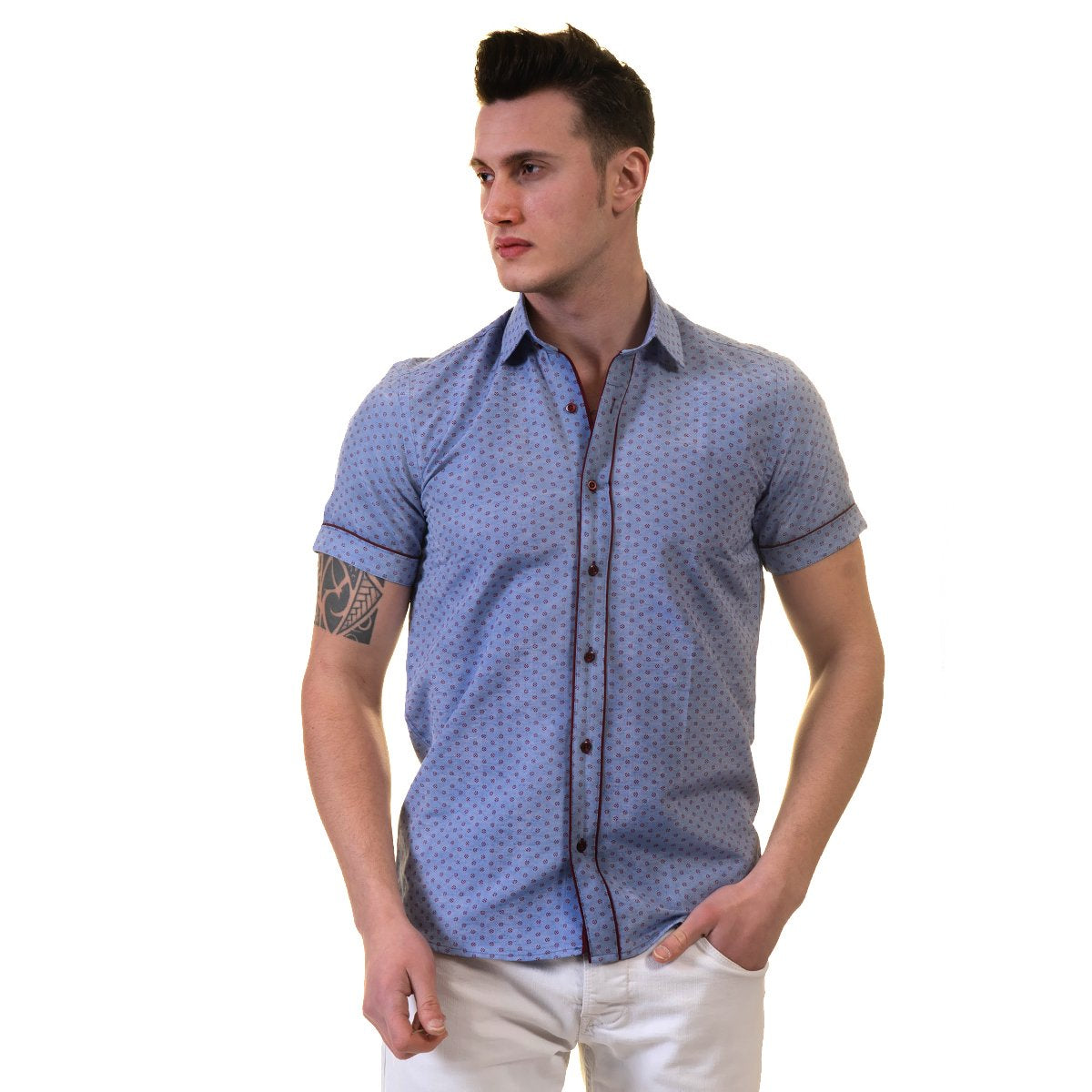 Blue Mens Short Sleeve Button up Shirts - Tailored Slim Fit Cotton - Horizon Bliss