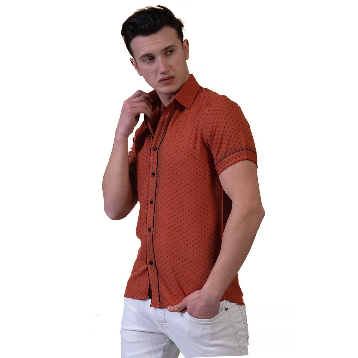 Orange / Reddish Mens Short Sleeve Button up Shirts - Tailored Slim - Horizon Bliss