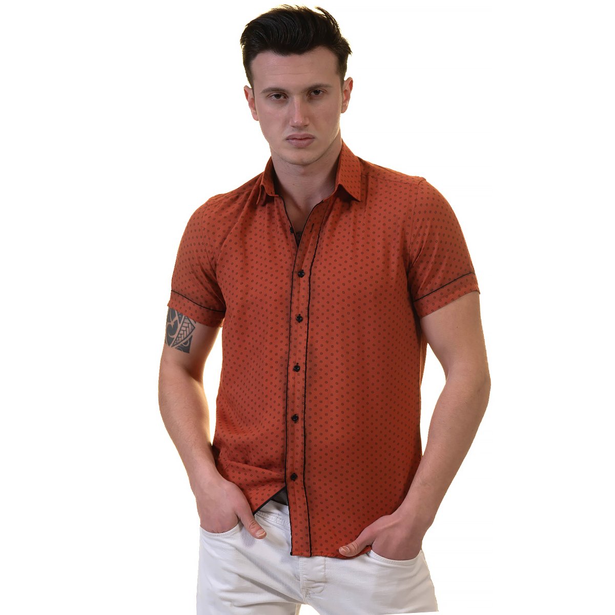 Orange / Reddish Mens Short Sleeve Button up Shirts - Tailored Slim - Horizon Bliss