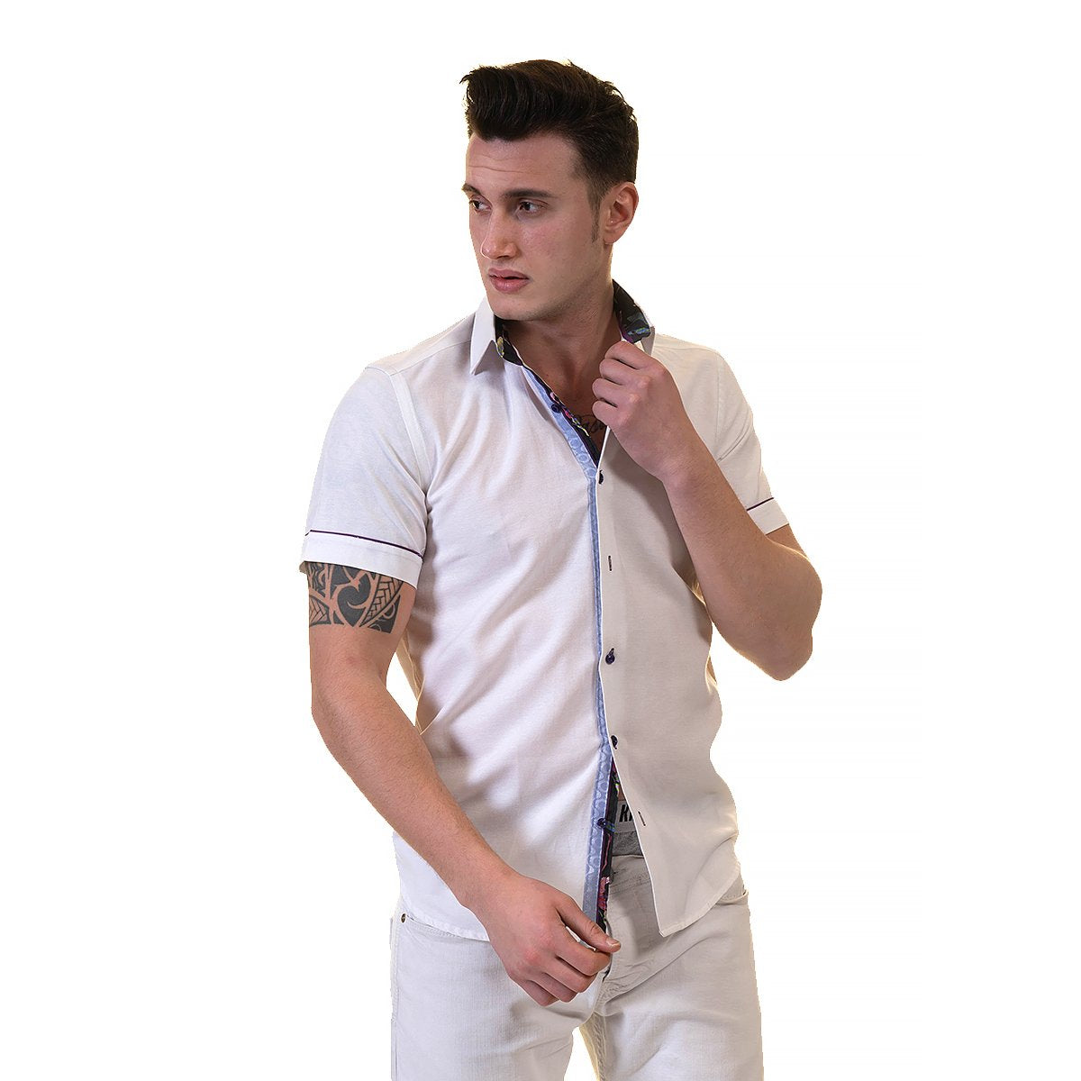 White Mens Short Sleeve Button up Shirts - Tailored Slim Fit Cotton - Horizon Bliss