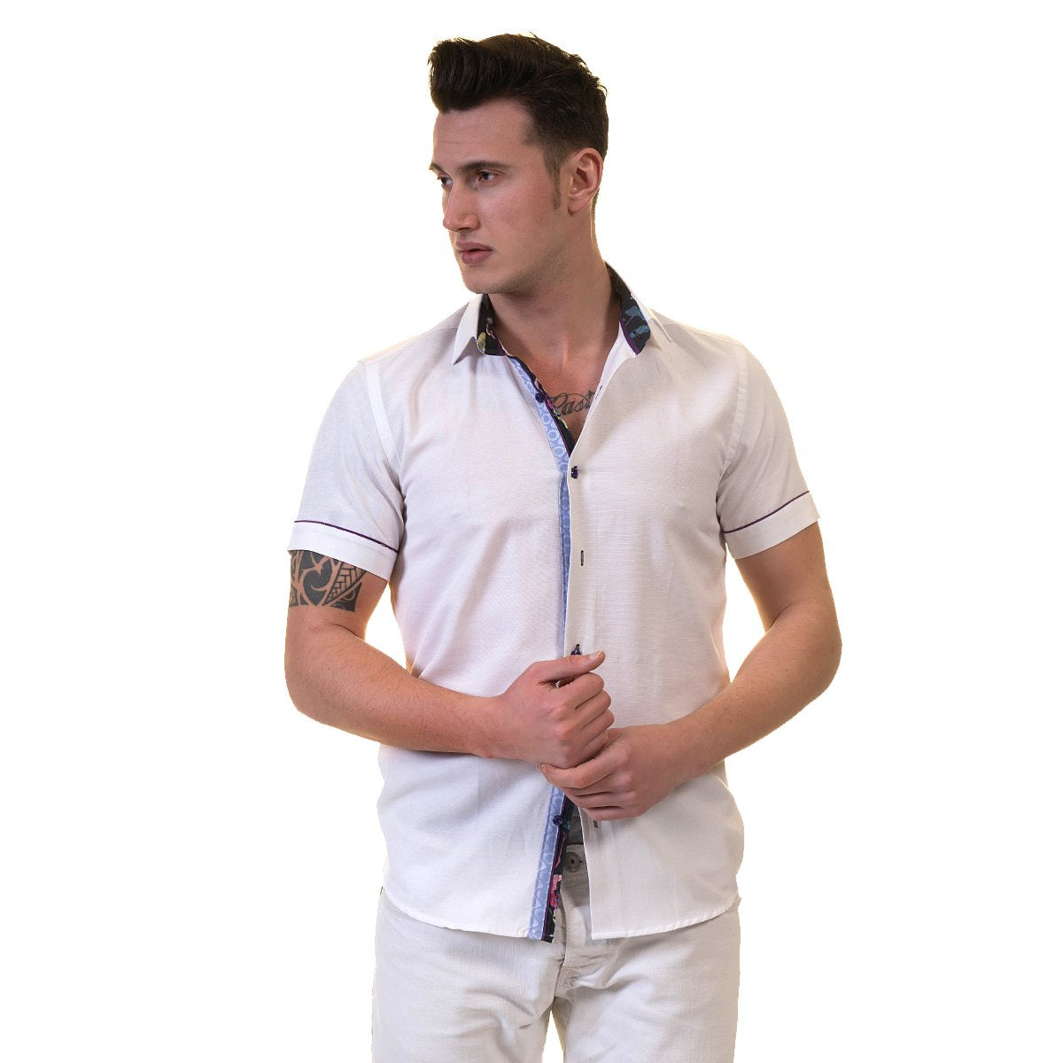 White Mens Short Sleeve Button up Shirts - Tailored Slim Fit Cotton - Horizon Bliss