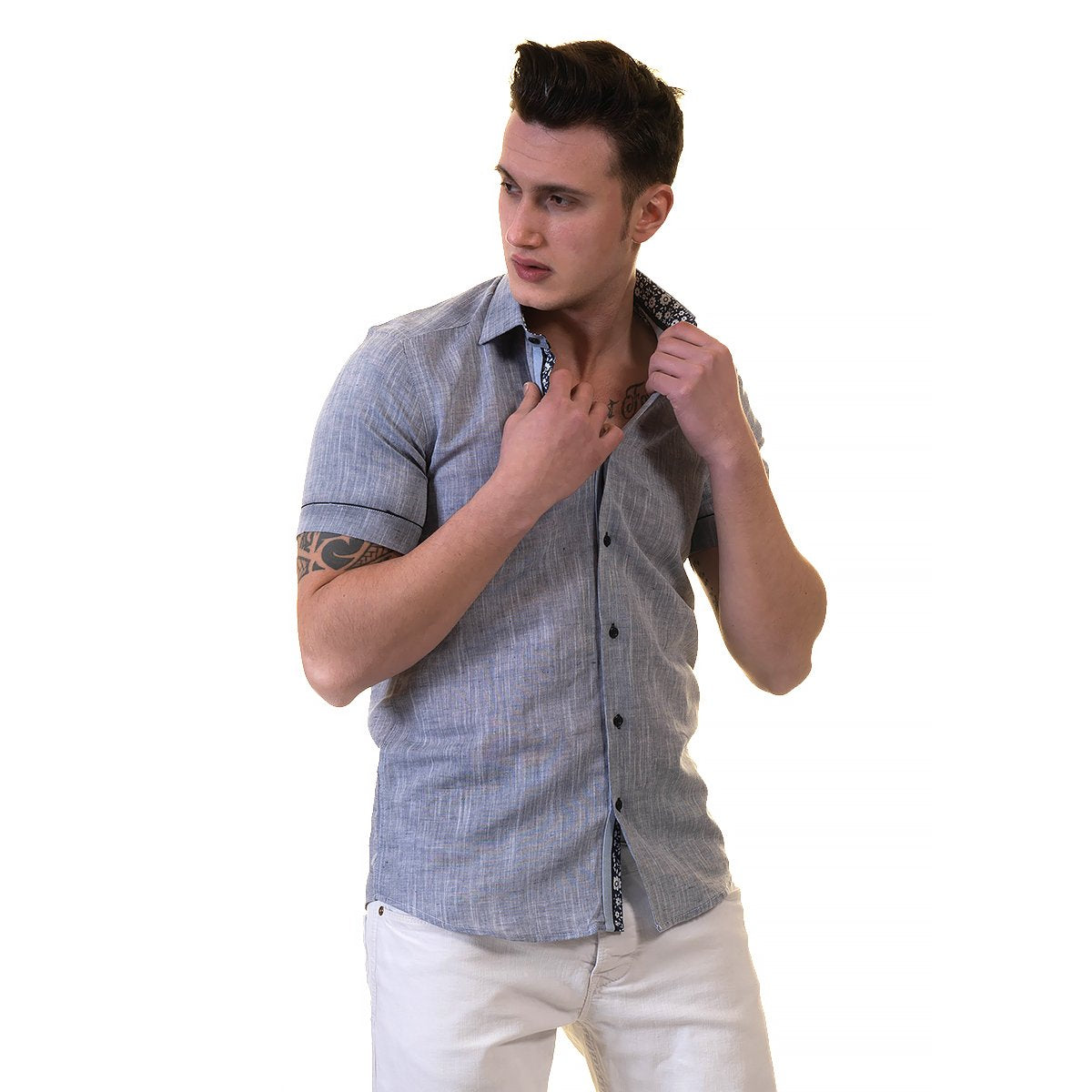 Mens Short Sleeve Button up Shirts - Tailored Slim Fit Cotton Dress - Horizon Bliss