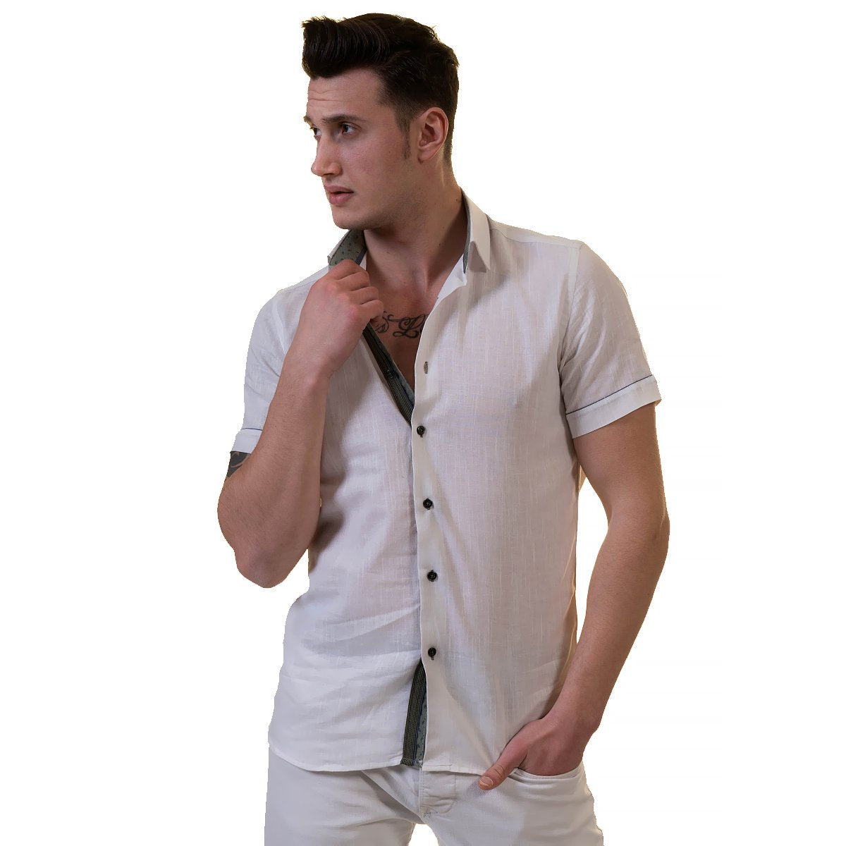 White Mens Short Sleeve Button up Shirts - Tailored Slim Fit Cotton - Horizon Bliss