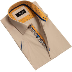 Beige Mens Short Sleeve Button up Shirts - Tailored Slim Fit Cotton - Horizon Bliss