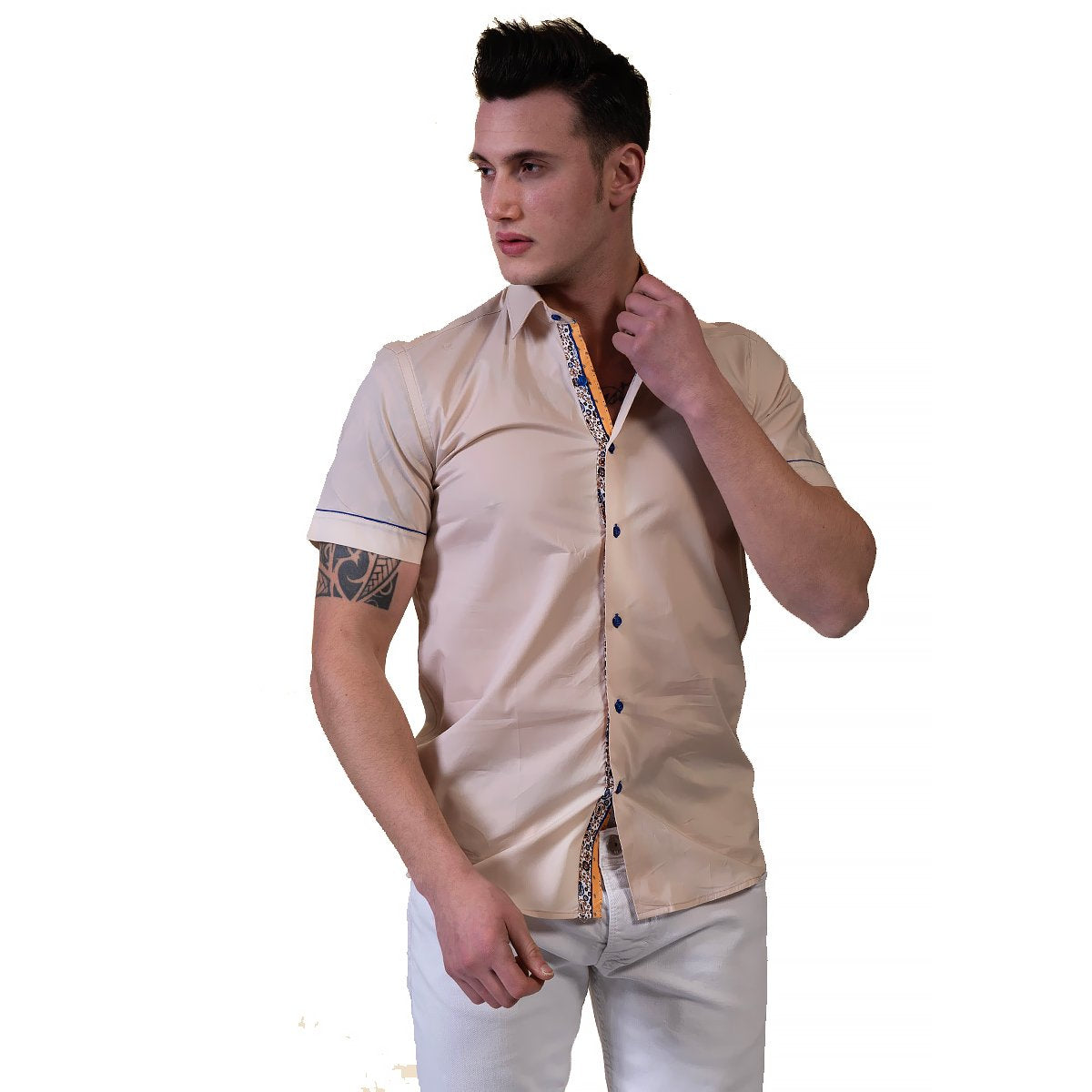 Beige Mens Short Sleeve Button up Shirts - Tailored Slim Fit Cotton - Horizon Bliss