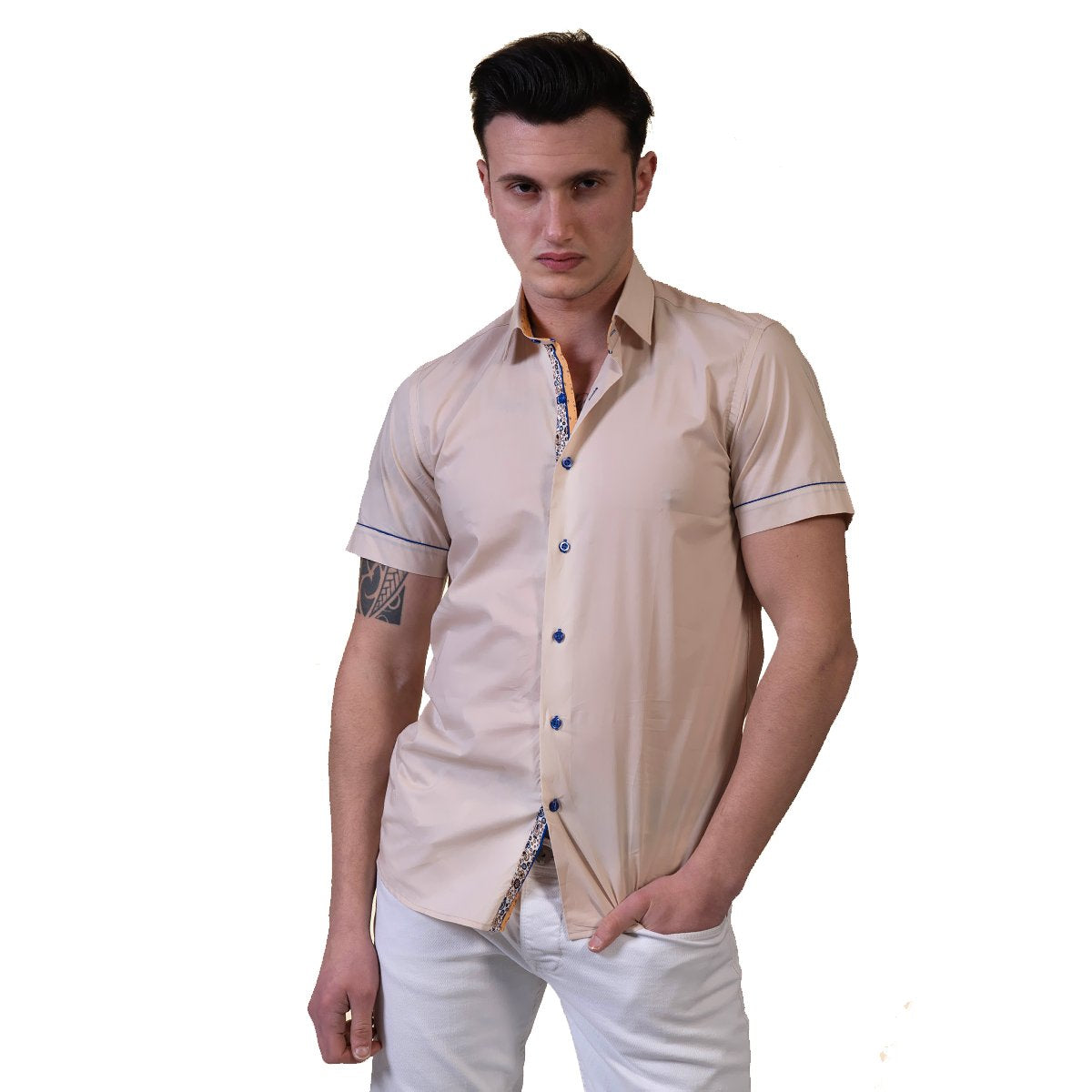 Beige Mens Short Sleeve Button up Shirts - Tailored Slim Fit Cotton - Horizon Bliss