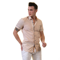 Beige Mens Short Sleeve Button up Shirts - Tailored Slim Fit Cotton - Horizon Bliss