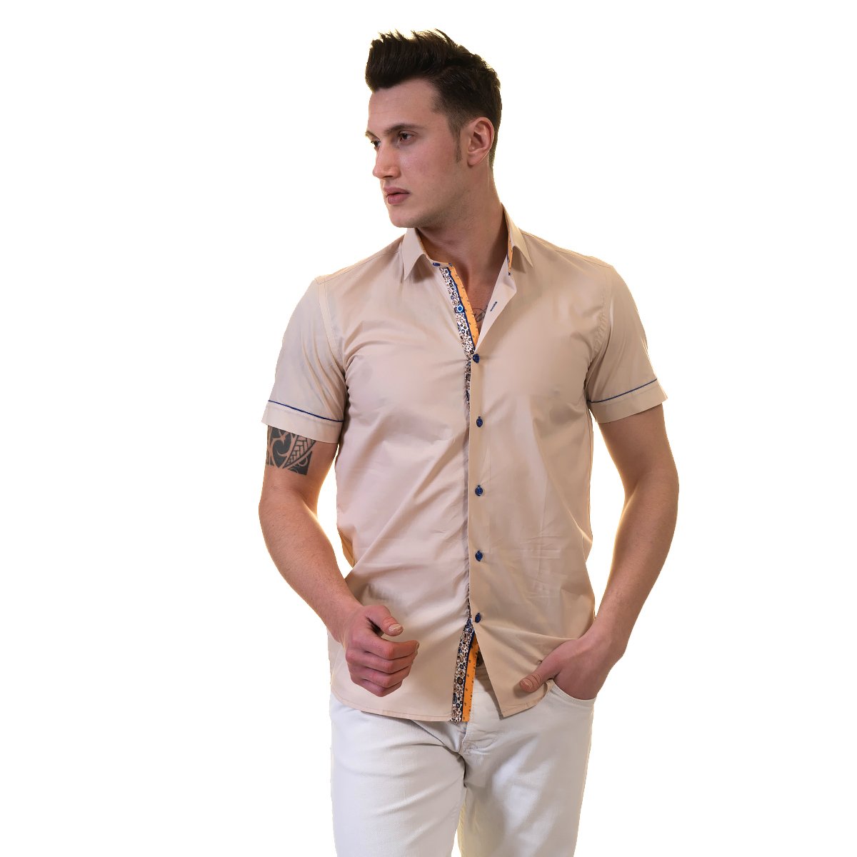 Beige Mens Short Sleeve Button up Shirts - Tailored Slim Fit Cotton - Horizon Bliss