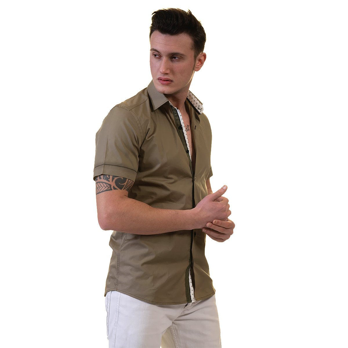 Green Mens Short Sleeve Button up Shirts - Tailored Slim Fit Cotton - Horizon Bliss