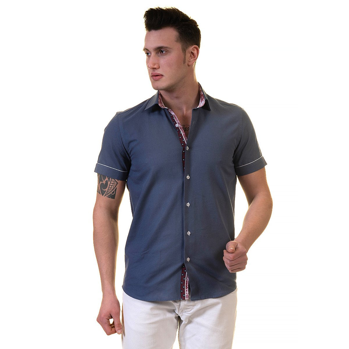 Dark Blue Mens Short Sleeve Button up Shirts - Tailored Slim Fit - Horizon Bliss