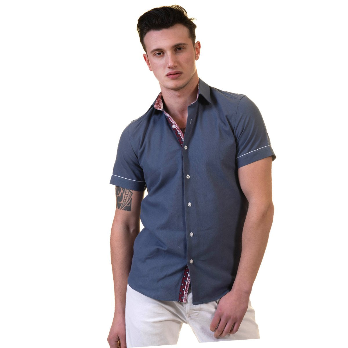 Dark Blue Mens Short Sleeve Button up Shirts - Tailored Slim Fit - Horizon Bliss