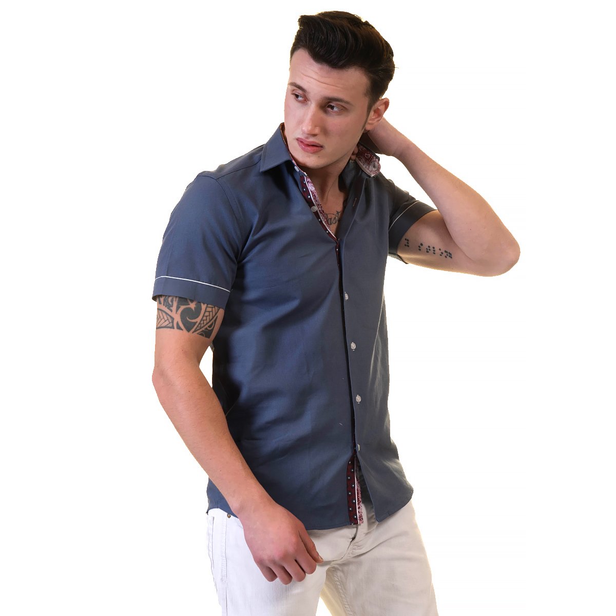 Dark Blue Mens Short Sleeve Button up Shirts - Tailored Slim Fit - Horizon Bliss