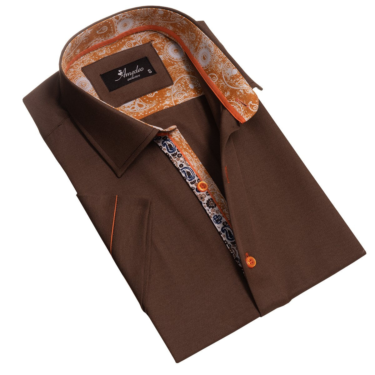 Mens Brown Short Sleeve Button up Shirts - Tailored Slim Fit Cotton - Horizon Bliss