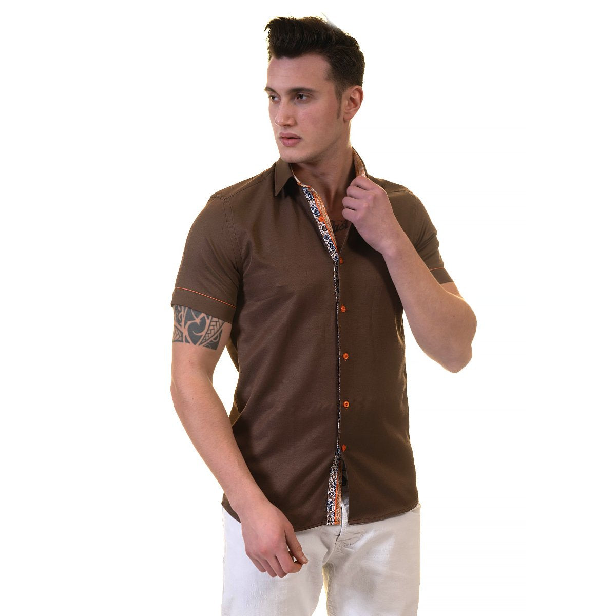 Mens Brown Short Sleeve Button up Shirts - Tailored Slim Fit Cotton - Horizon Bliss