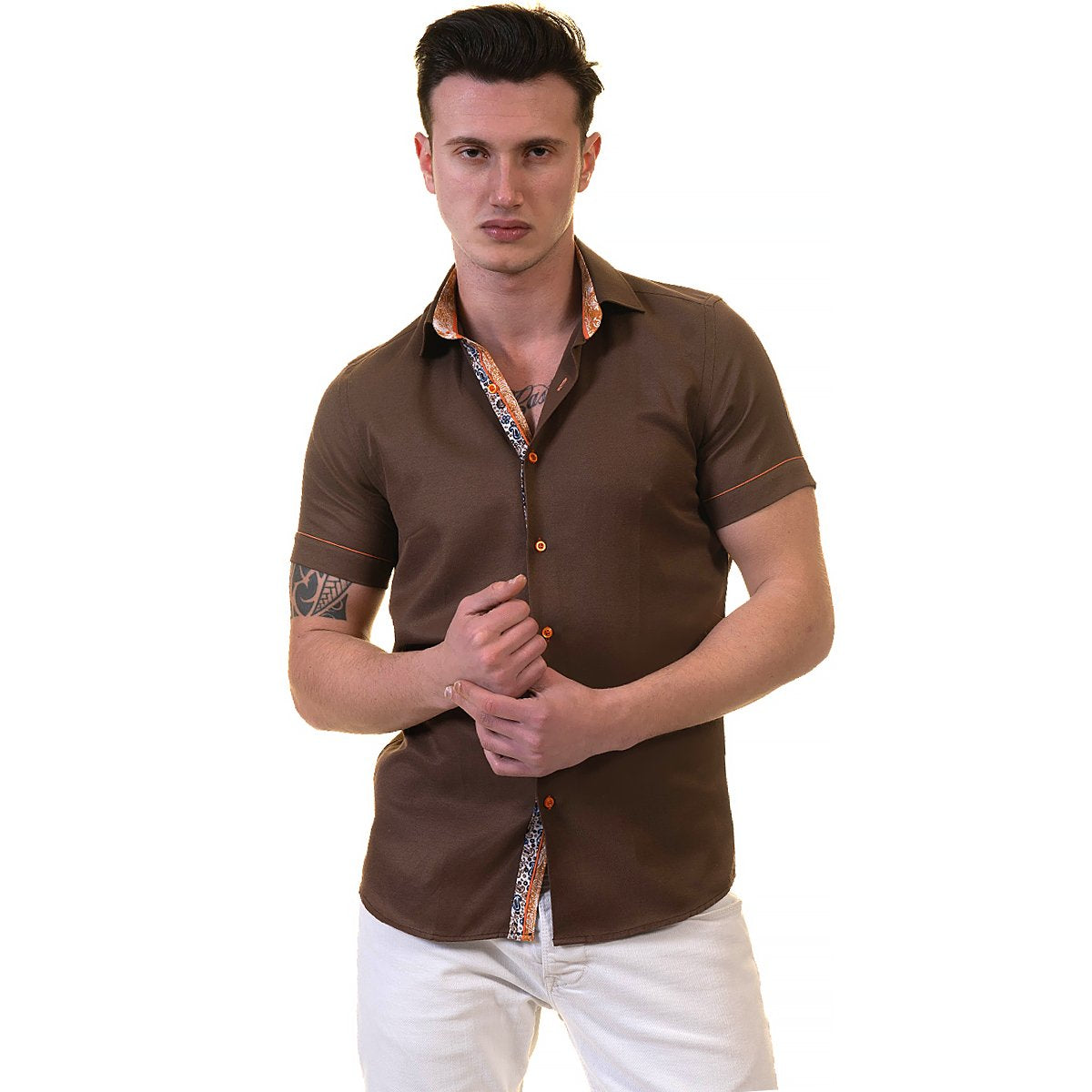 Mens Brown Short Sleeve Button up Shirts - Tailored Slim Fit Cotton - Horizon Bliss