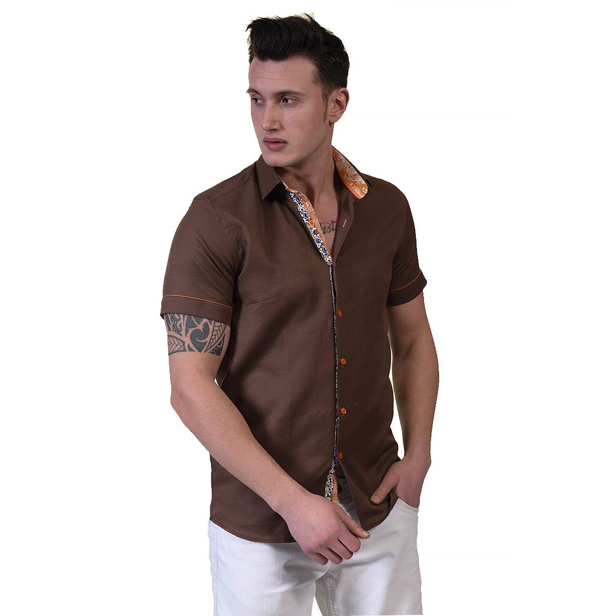 Mens Brown Short Sleeve Button up Shirts - Tailored Slim Fit Cotton - Horizon Bliss