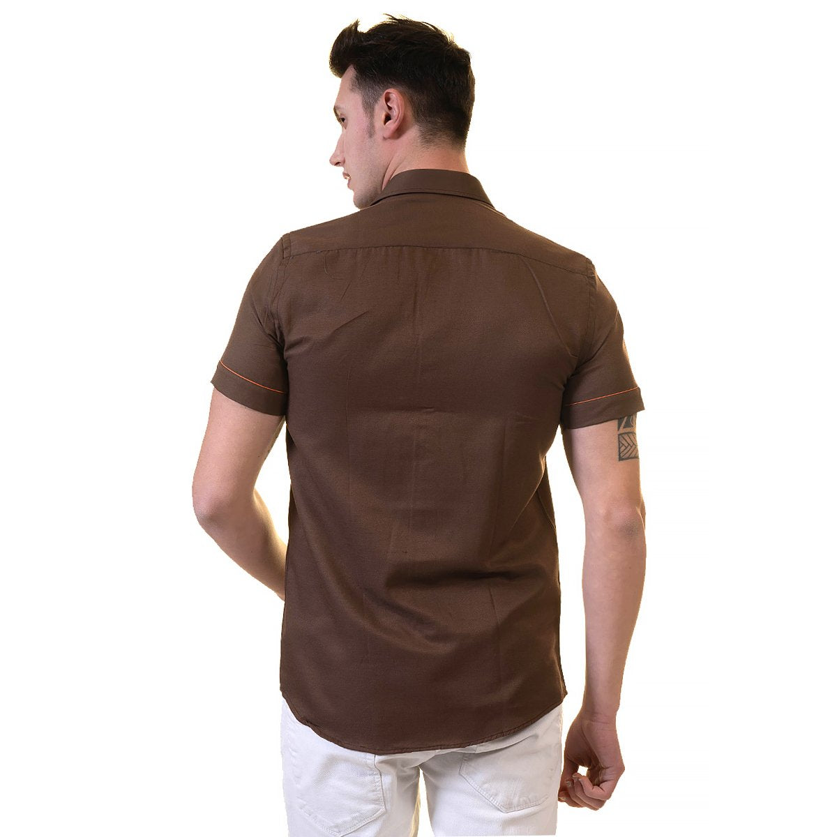 Mens Brown Short Sleeve Button up Shirts - Tailored Slim Fit Cotton - Horizon Bliss