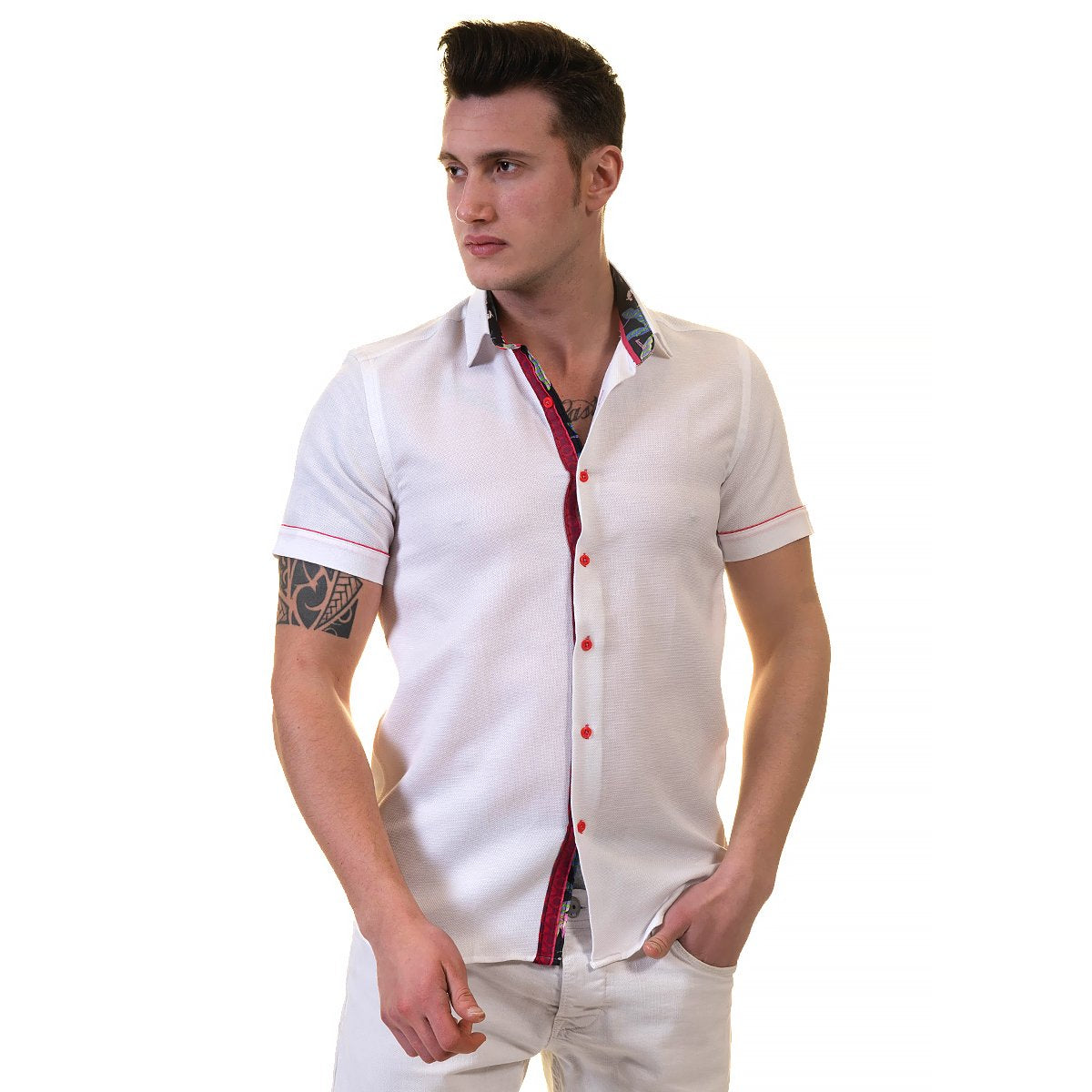 White and Red Mens Short Sleeve Button up Shirts - Tailored Slim Fit - Horizon Bliss