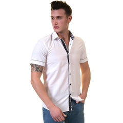 White Mens Short Sleeve Button up Shirts - Tailored Slim Fit Cotton - Horizon Bliss