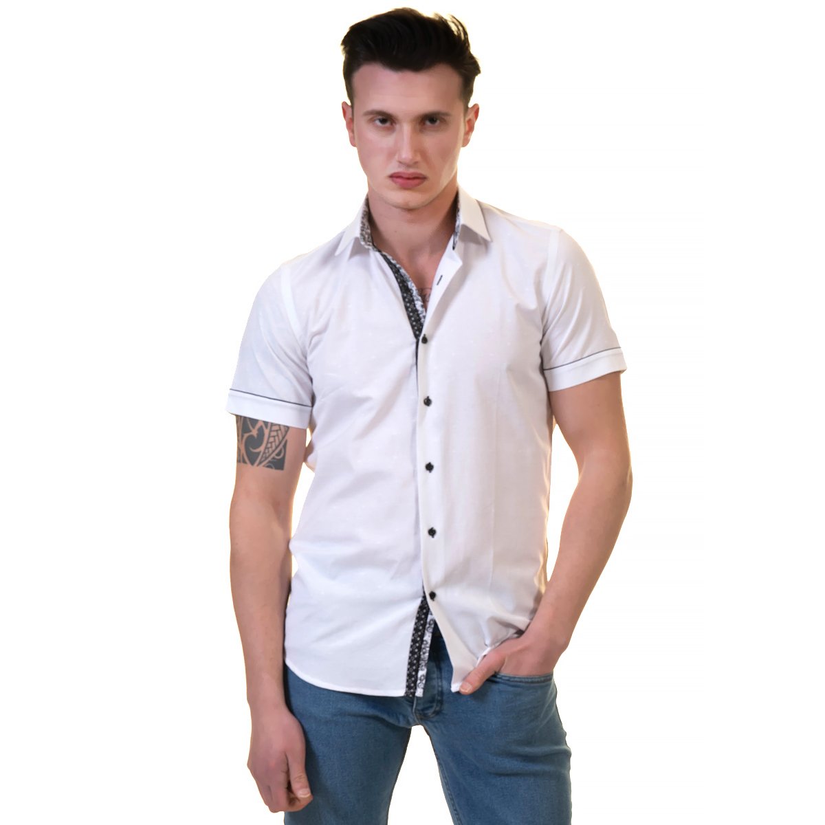 White Mens Short Sleeve Button up Shirts - Tailored Slim Fit Cotton - Horizon Bliss