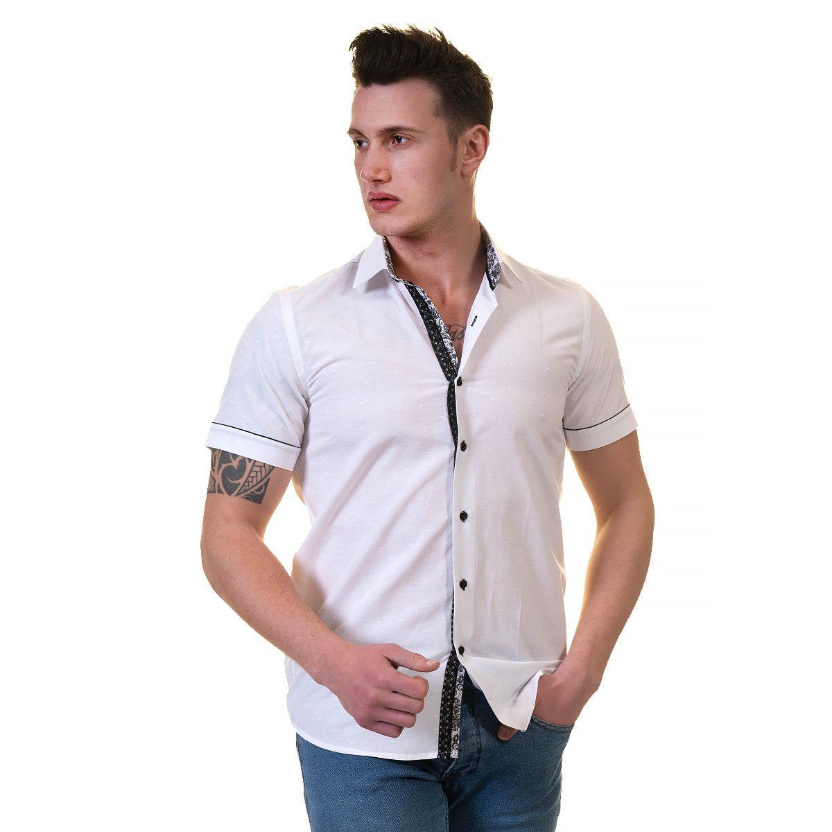 White Mens Short Sleeve Button up Shirts - Tailored Slim Fit Cotton - Horizon Bliss