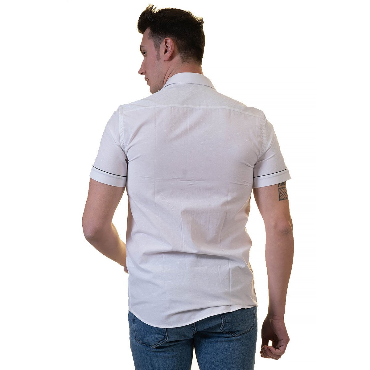 White Mens Short Sleeve Button up Shirts - Tailored Slim Fit Cotton - Horizon Bliss