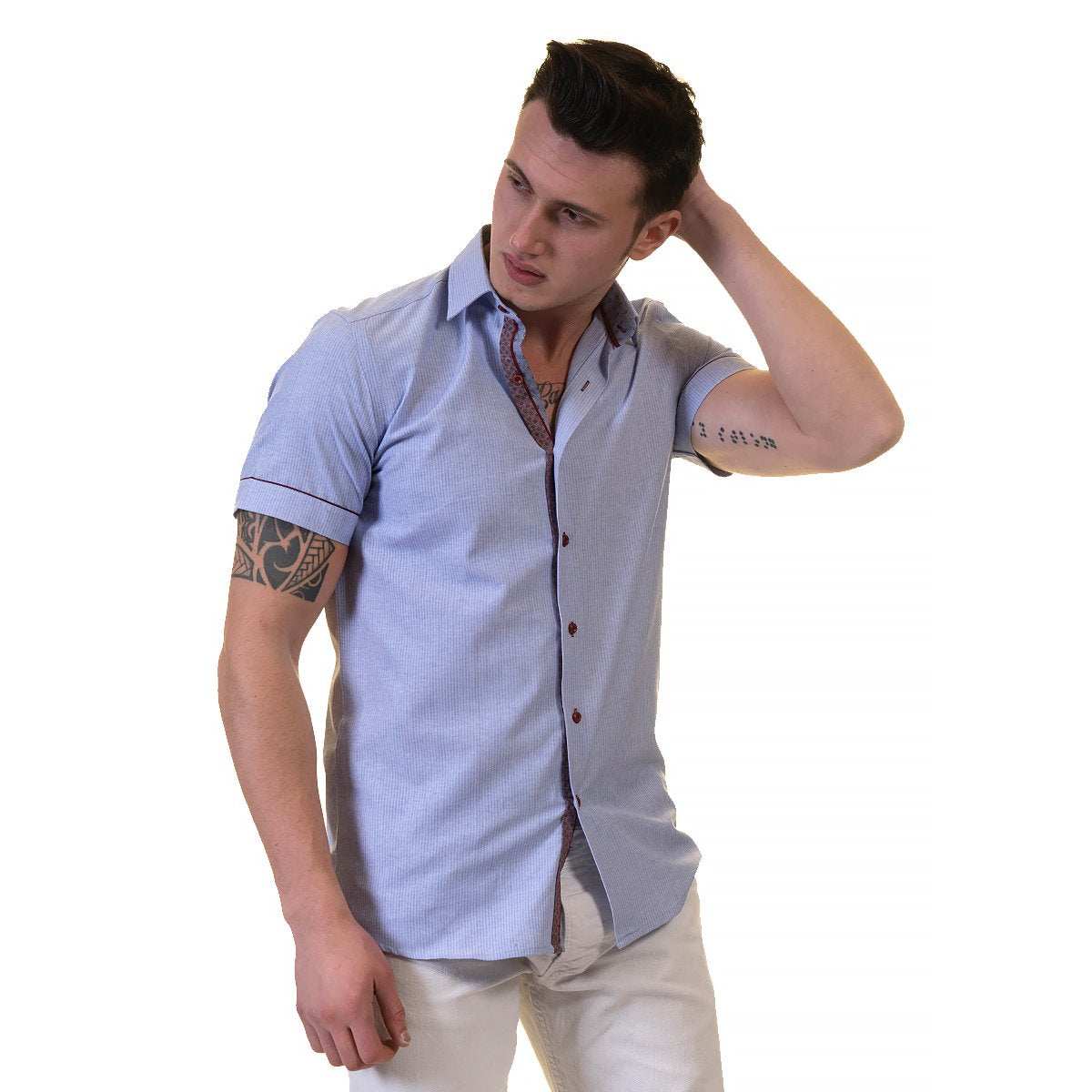 Mens Sky Blue Short Sleeve Button up Shirts - Tailored Slim Fit Cotton - Horizon Bliss