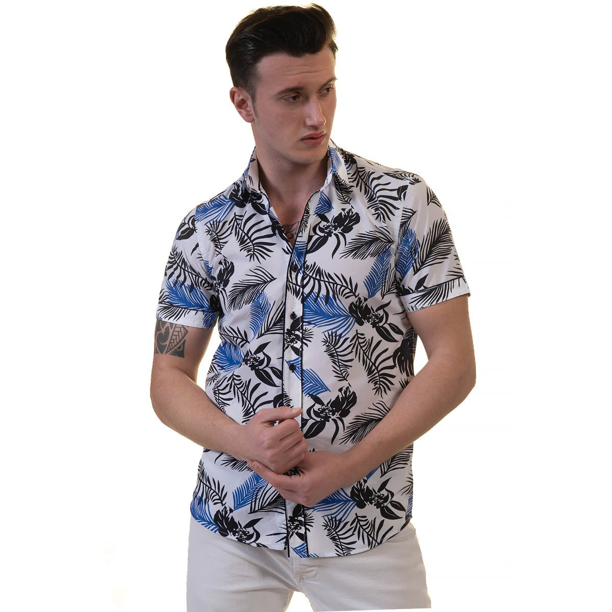 Multicolor Floral Mens Short Sleeve Button up Shirts - Tailored Slim - Horizon Bliss