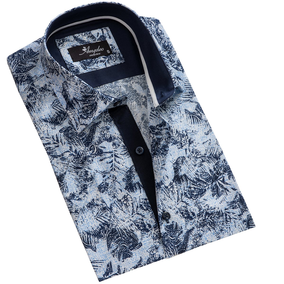 Light Blue Floral Paisley Mens Short Sleeve Button up Shirts - - Horizon Bliss