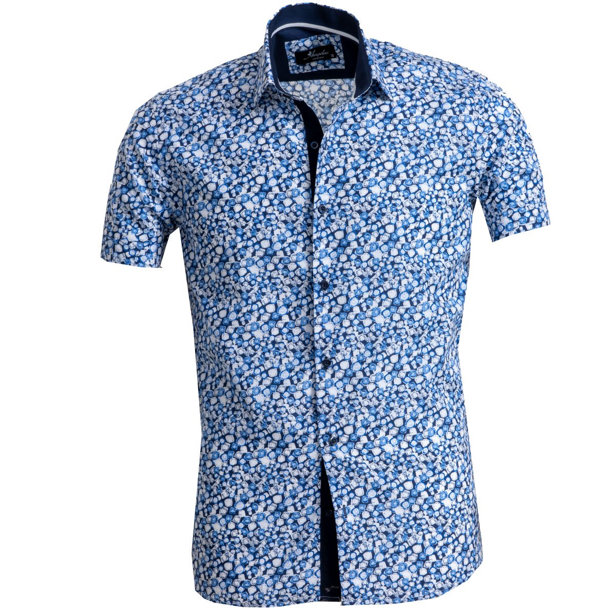 White Blue Circles Mens Short Sleeve Button up Shirts - Tailored Slim - Horizon Bliss