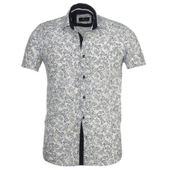 White Navy Blue Floral Mens Short Sleeve Button up Shirts - Tailored - Horizon Bliss