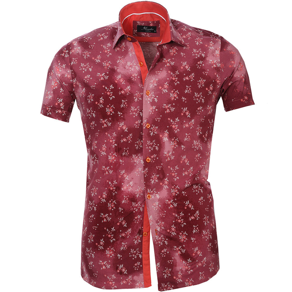 Red with White Floral Mens Short Sleeve Button up Shirts - Tailored - Horizon Bliss