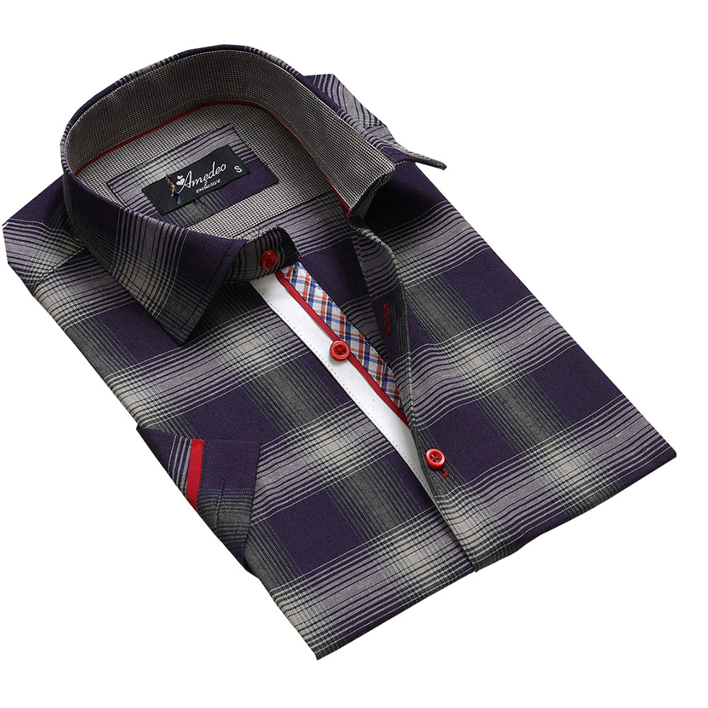 Purple Grey Checkered Mens Short Sleeve Button up Shirts - Tailored - Horizon Bliss