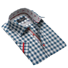 Blue White Checkered Mens Short Sleeve Button up Shirts - Tailored - Horizon Bliss