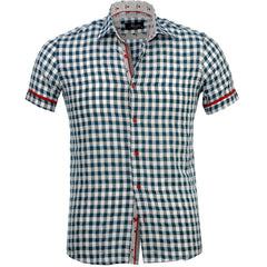 Blue White Checkered Mens Short Sleeve Button up Shirts - Tailored - Horizon Bliss