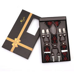 Red Black Check Strap Dual Clip On Elastic suspenders for Men - - Horizon Bliss