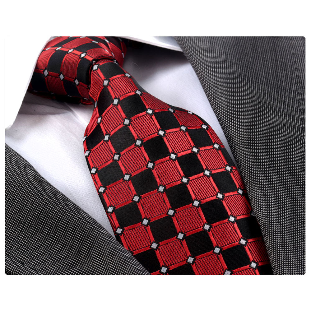 Red Black Squares Mens Designer Silk Necktie with Gift Box - Premium - Horizon Bliss