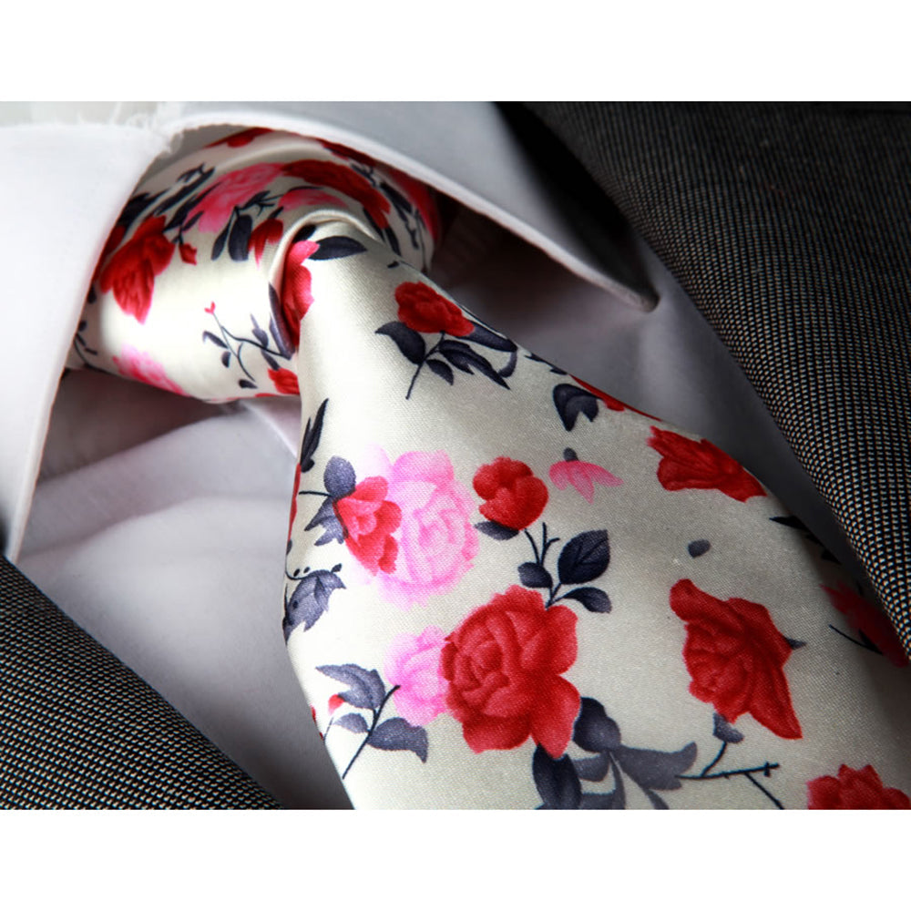 Men's Fashion White Pink Red Roses Neck Tie Gift Box - Horizon Bliss