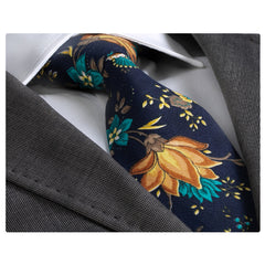 Navy Blue With Flowers Mens Designer Silk Necktie with Gift Box - - Horizon Bliss